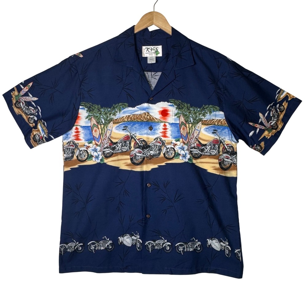 KY'S Mens Size Large Blue Motorcycle Surfboard Hawaiian Camp Aloha Shirt‎